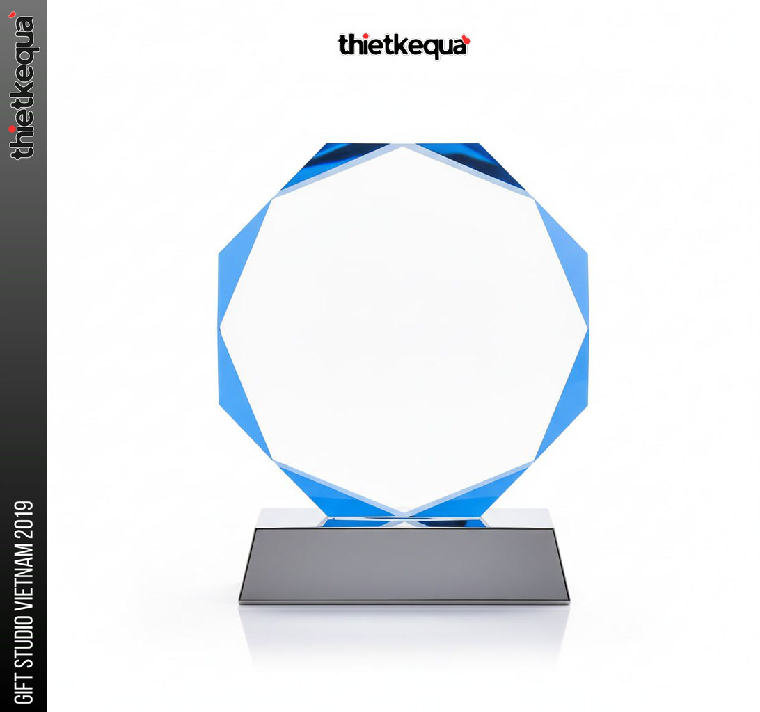 Cúp pha lê đa giác viền xanh cao cấp