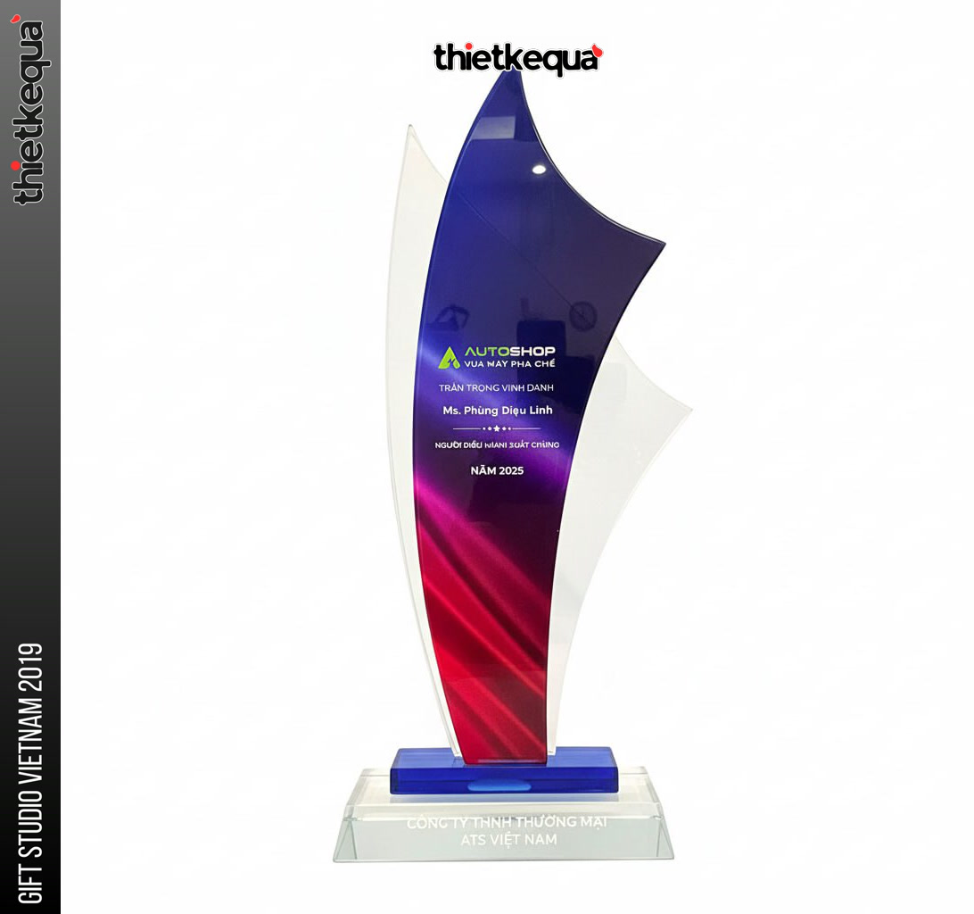 Cúp pha lê vinh danh Autoshop - Vua Máy Pha Chế phối màu Blue-Pink cao cấp