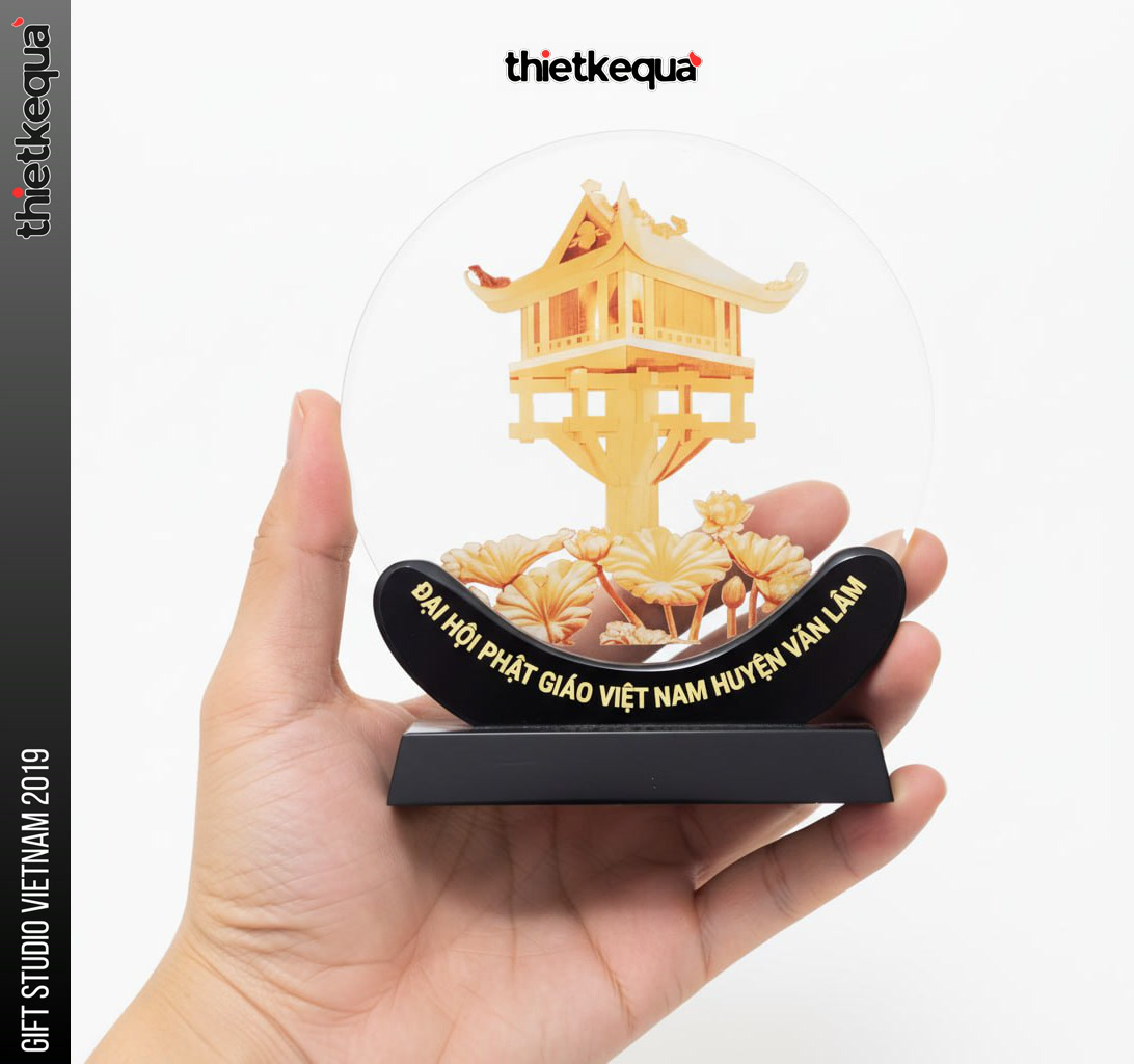 Cúp pha lê tròn in màu 3D vinh danh sự kiện Phật giáo thiết kế chùa và hoa sen - Ảnh 3