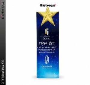 Cúp pha lê Kepler Tower vinh danh đại lý phân phối thiết kế sao vàng nền galaxy xanh
