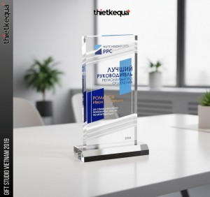 Cúp pha lê khối chữ nhật phối họa tiết xanh dương hiện đại vinh danh cá nhân