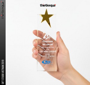 Cúp pha lê khối đứng đính sao vàng kỷ niệm 20 năm đồng hành thiết kế tối giản