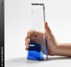 Cúp pha lê vát chéo phối xanh dương hiện đại thiết kế theo yêu cầu khách hàng