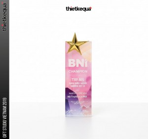 Cúp pha lê vinh danh BNI Champion phối màu hồng tím gắn ngôi sao vàng cao cấp